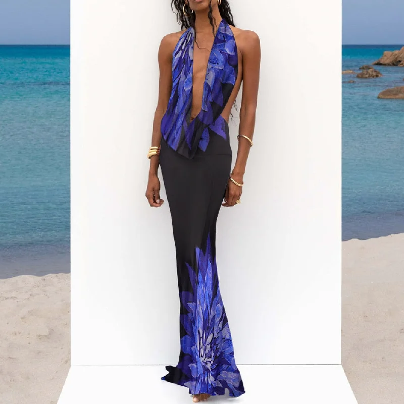 Zjkrl Mesh See Through Beach Dress Women Blue Print Sexy Backless Maxi Dress Summer Elegant Halter Bodycon Long Dress Club Party 2023