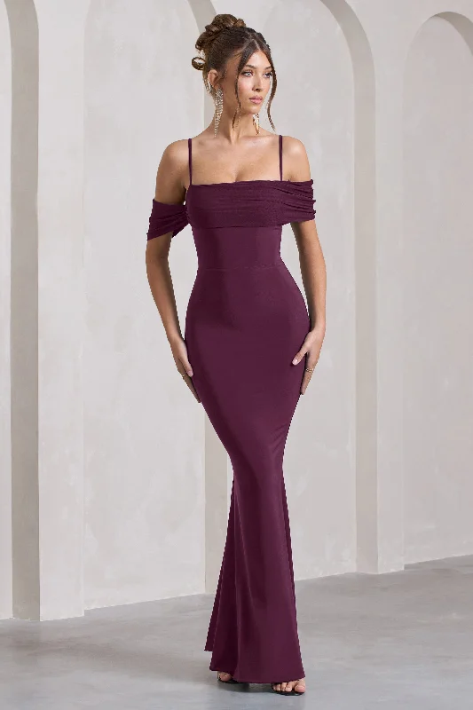 Miracle | Plum Strappy Mesh Bardot Maxi Dress