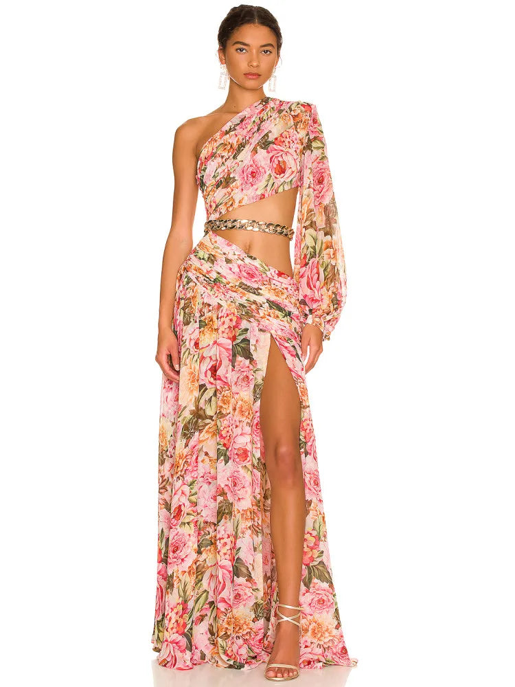 Long Sleeve One Shoulder Floral Long Chiffon Maxi Dress Trendy Ruffled Maxi Dress