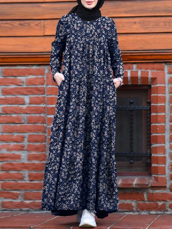 Women Floral Print Tiered Dress O-Neck Casual Maxi Dress With Side Pocket