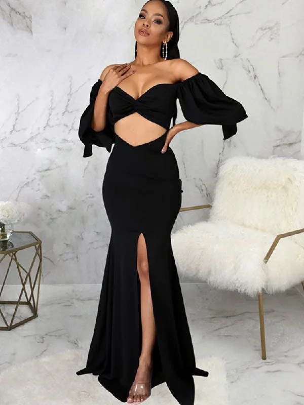 Off Shoulder Cut Out Split Maxi Dresses Stylish Maxi Dress with Frills
