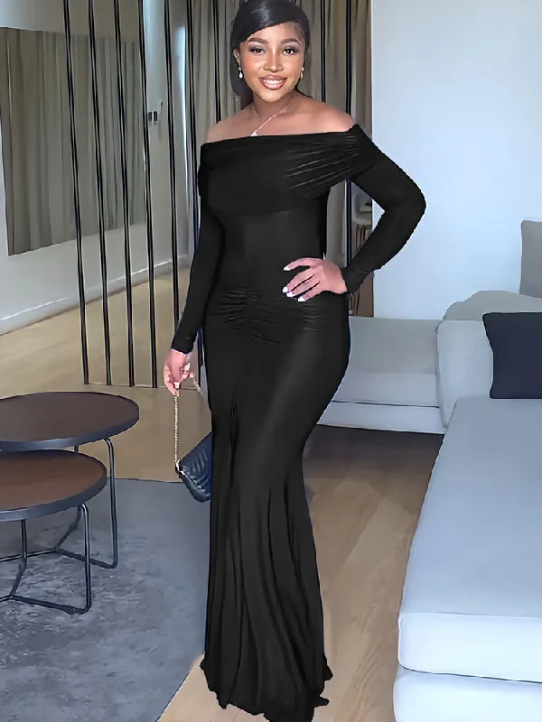 Off Shoulder Long Sleeves Fishtail Maxi Dresses Fashionable Asymmetrical Maxi Dress