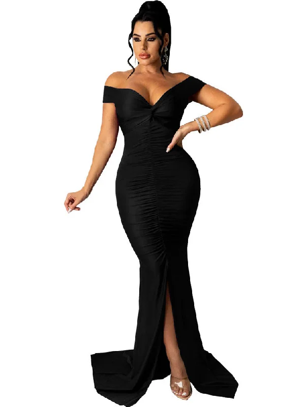 Off Shoulder V Neck Slit Ruched Maxi Dresses Classic Strapless Maxi Dress