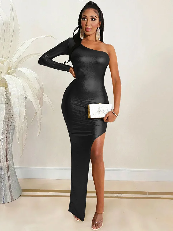 One Shoulder Elegant Bodycon Maxi Dresses Cozy Ribbed Maxi Dress