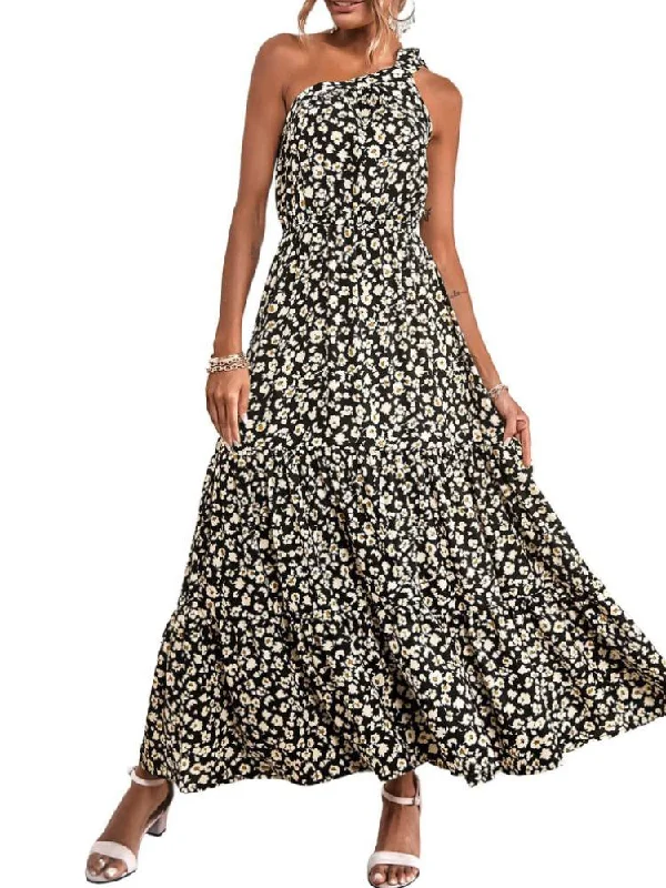 One Shoulder Floral Print Ruffle Hem Maxi Dresses Cozy Open-Back Maxi Dress