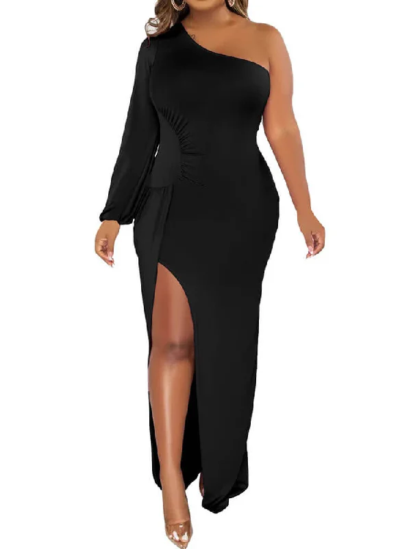 One Shoulder Long Sleeve Split Maxi Dresses Fashionable Faux Wrap Maxi Dress