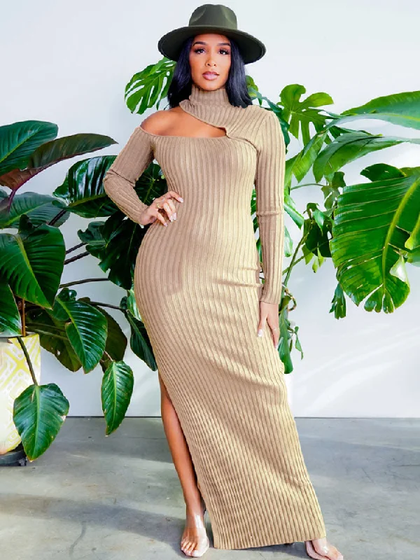 One Shoulder Ribbed Knit Maxi Dresses Cozy Wrap Maxi Dress
