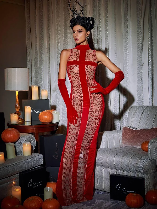 Pablo High Neck Chain Fringe Maxi Dress With Gloves Elegant Maxi Dress with Drapes