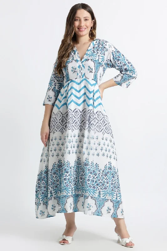 Panelled Cotton Maxi Dress - Blue Cozy Cold-Shoulder Maxi Dress