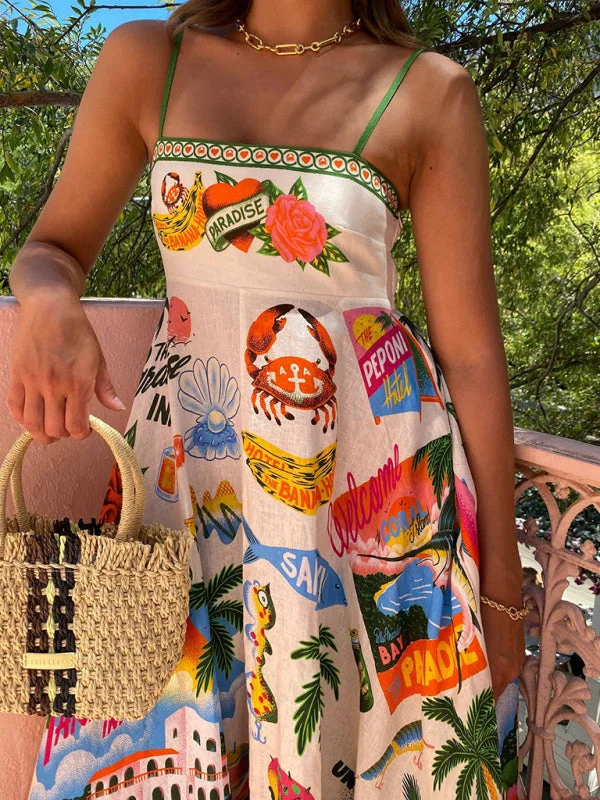 Paradise Vacation Ocean Print Strappy Swing Maxi Dress Fashionable Sleeveless Maxi Dress