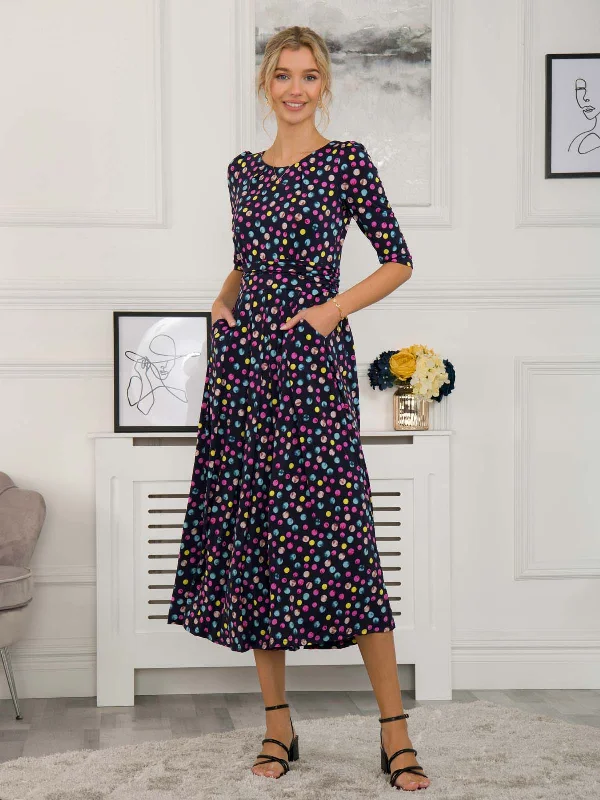 Pauline Sleeved Maxi Dress, Navy Spot Elegant Sleeveless Maxi Dress
