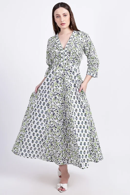 Panelled Cotton Maxi Dress - Green Stylish One-Shoulder Maxi Dress