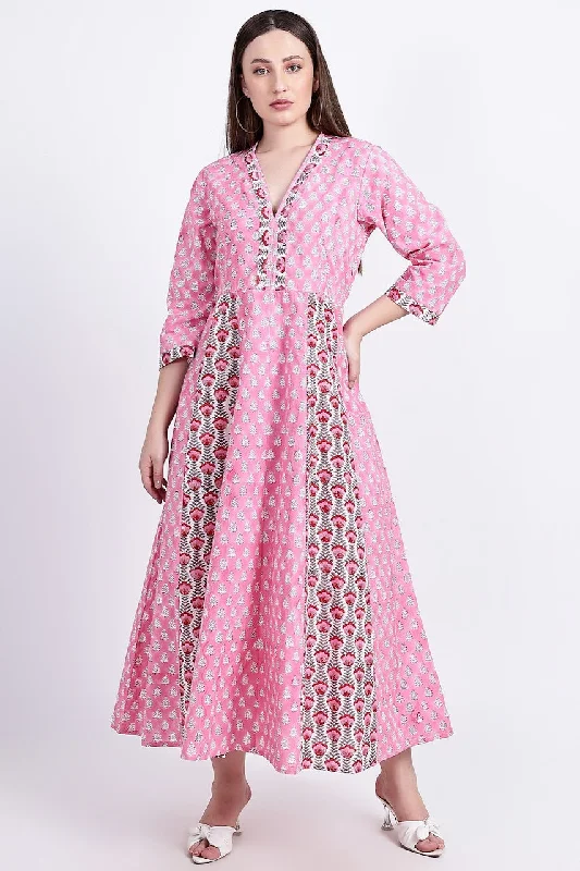 Panelled Cotton Maxi Dress - Pink Elegant Maxi Dress with Pockets
