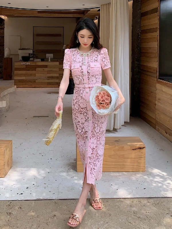 pink lace high-waisted slim maxi dress Cozy Ribbed Maxi Dress