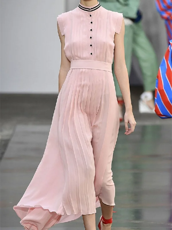 Pink Pleated Sleeveless Chiffon Dress Maxi Dress Elegant Maxi Dress with Drapes