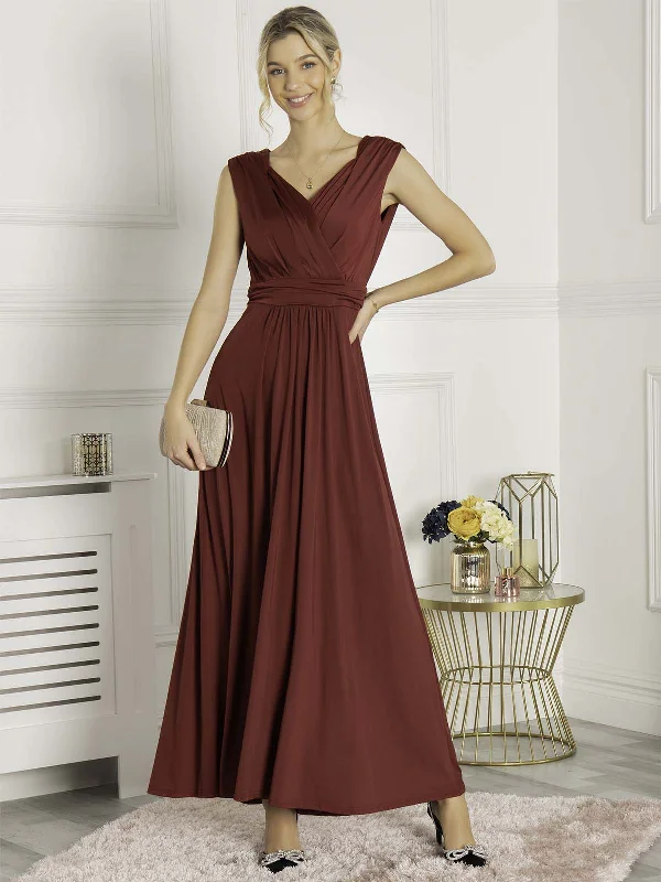 Plunge V Neck Draped Maxi Dress, Burgundy Elegant Silk Maxi Dress
