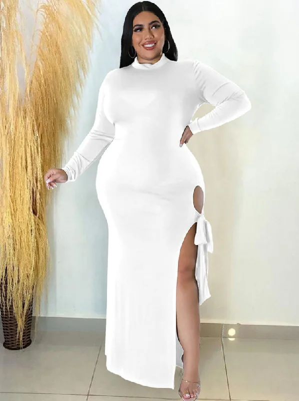 Plus Size Long Sleeve Lace Up Split Maxi Dresses Stylish Pleated A-Line Maxi Dress