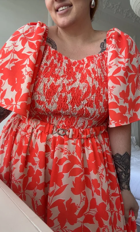 Priscilla Maxi Dress - Orange Floral Fashionable Faux Wrap Maxi Dress