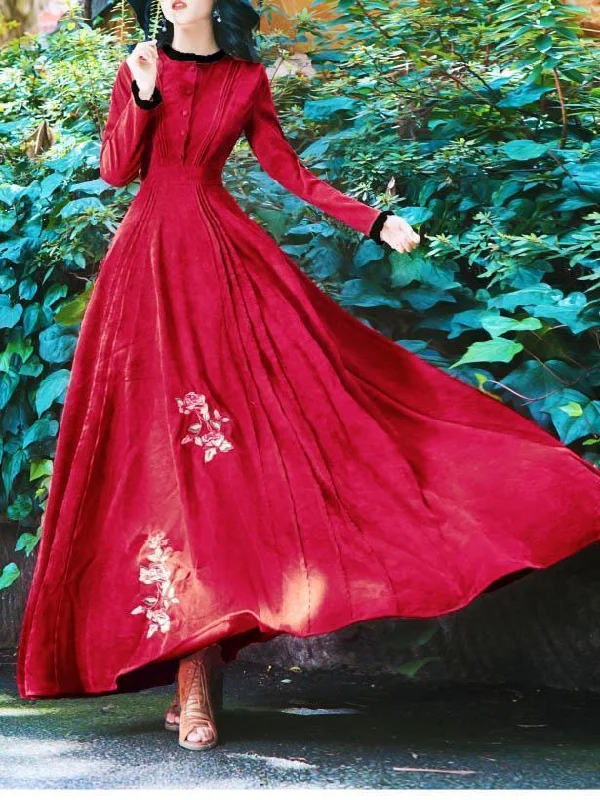 Red Vintage Embroidered Maxi Dress Cozy Knit Maxi Dress
