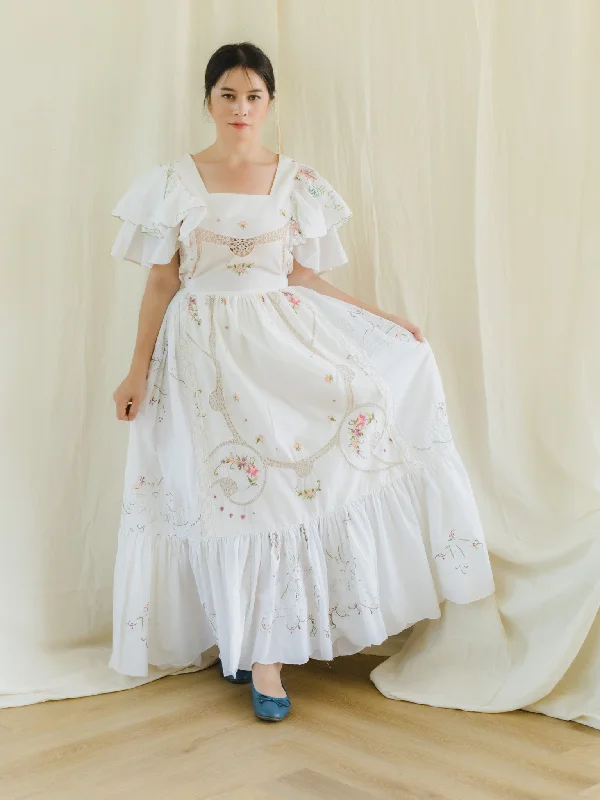 Re-Dress Upcycled Vintage Floral Embroidered White Maxi Dress