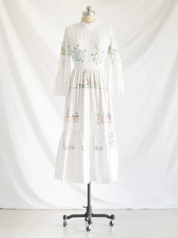 Re-design Upcycled White Colorful Cross-stitch Maxi Dress