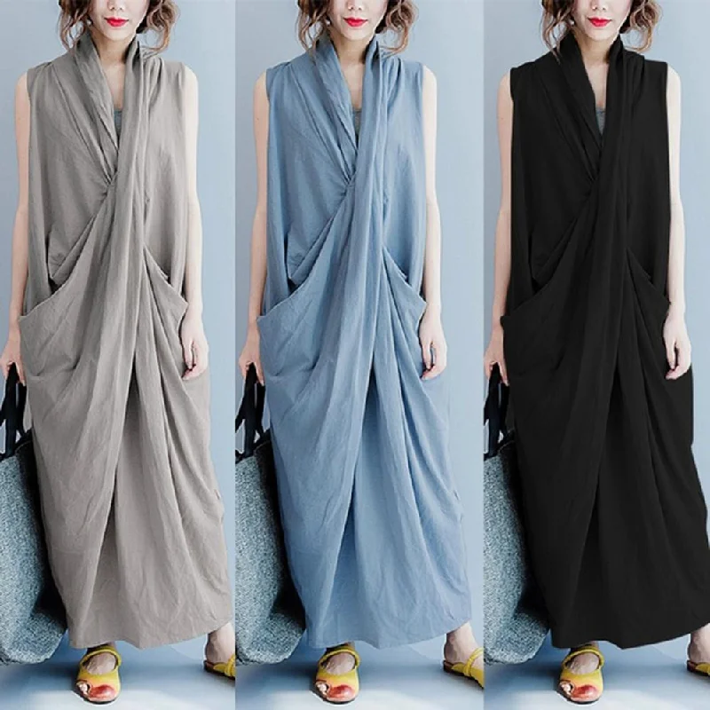 robe Maxi Dress Casual Sleeveless  Beach Women Asymmetric Cross V-Neck Sleeveless Maxi Dress Robe plus size dress 2023 Casual Maxi Dress with Pockets