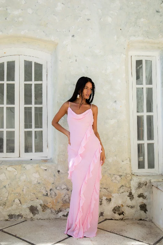 Romantic Flare Maxi Dress Pink Stylish One-Shoulder Maxi Dress