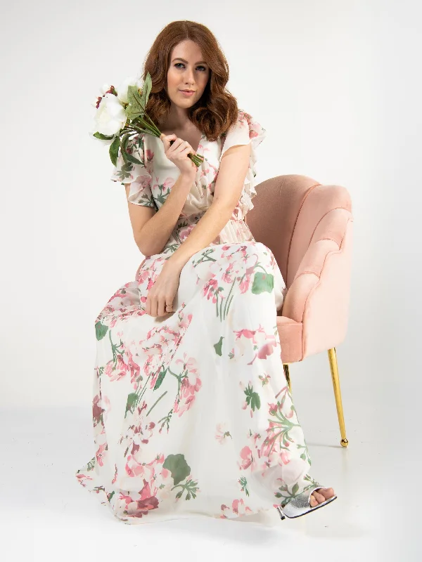 Ruffle Sleeved Chiffon Maxi Dress, Cream Floral Elegant Maxi Dress with Lace