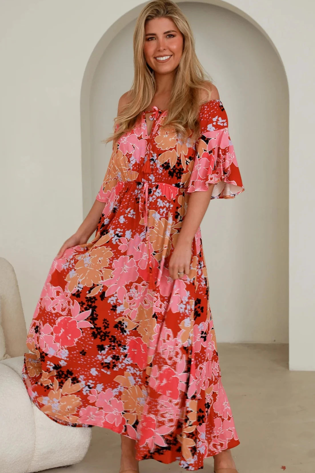 SABBA OFF THE SHOULDER MAXI DRESS Trendy Floral Print Maxi Dress
