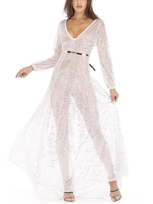 Sequin V Neck Long Sleeve Evening Maxi Dress Elegant Silk Maxi Dress