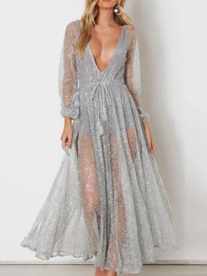 Sexy Silver Mesh Backless Maxi Dress Fashionable High-Waist Maxi Dress