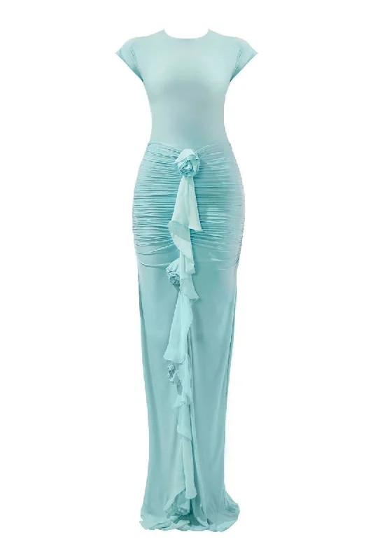 SKYE BABY BLUE FITTED BACKLESS MAXI DRESS Elegant Maxi Dress with Drapes