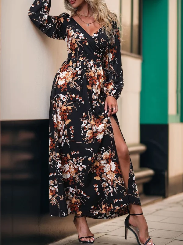 Slit Printed Surplice Long Sleeve Maxi Dress Cozy Knit Maxi Dress