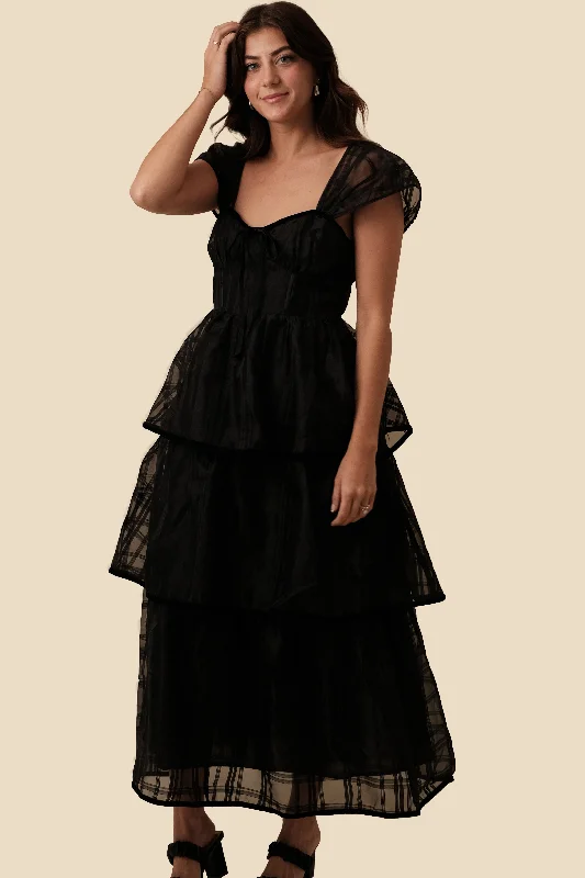 Sofie the Label Ava Black Plaid Chiffon Tiered Maxi Dress