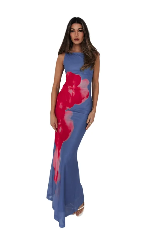 Ursula Floral Maxi Dress - Blue Trendy Off-Shoulder Ruffle Maxi Dress
