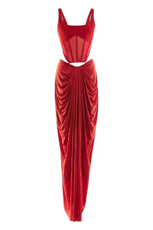 VALENTINA RED CORSET MAXI DRESS Fashionable Off-Shoulder Maxi Dress