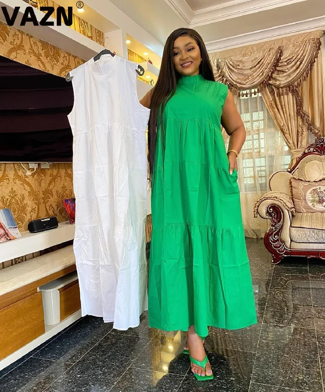 VAZN 2023 Pleated Chic Ladies Slim Elegant Female Solid Skinny Maxi Dress Sexy Lady O-Neck Sleeveless Long Dress Trendy Maxi Dress with Belt VAZN 2023 Pleated Chic Ladies Slim Elegant Female Solid Skinny Maxi Dress Sexy Lady O-Neck Sleeveless Long Dress Trendy Maxi Dress with Belt