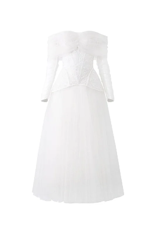 WHITE MARILYN LACE MIXED TULLE OFF SHOULDER MAXI DRESS Fashionable High-Waist Maxi Dress WHITE MARILYN LACE MIXED TULLE OFF SHOULDER MAXI DRESS Fashionable High-Waist Maxi Dress
