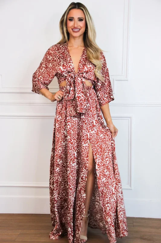 Wild About You Satin Cutout Maxi Dress: RUST/IVORY Comfortable Maxi Dress with Slits Wild About You Satin Cutout Maxi Dress: RUST/IVORY Comfortable Maxi Dress with Slits