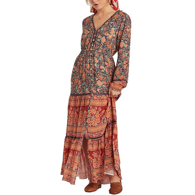 Women Cottagecore Dress Long Boho Floral Print Spliced Maxi Dresses Women Casual  2023 Spring Summer Dress Long Sleeve vestidos