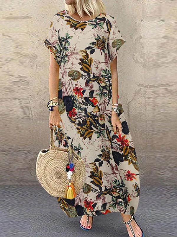 Women Cotton Crew Neck Loose Baggy Print Maxi Dress