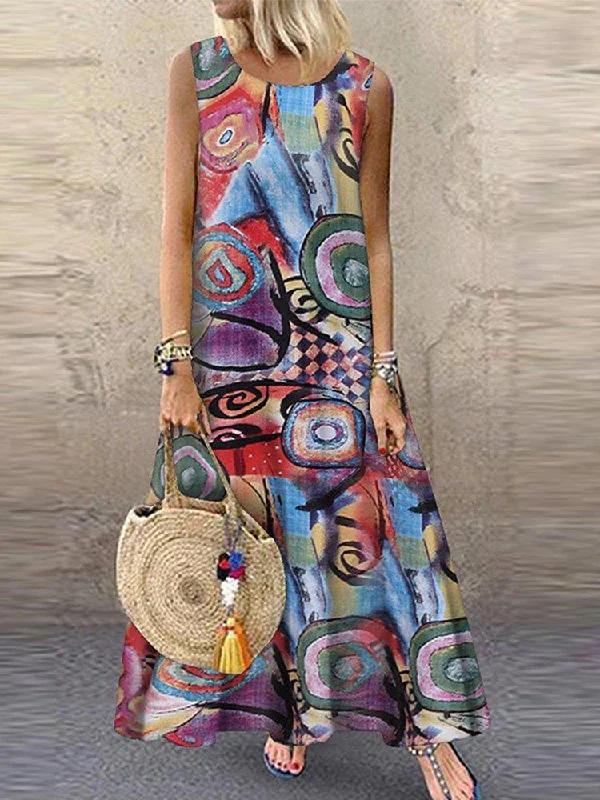 Women Retro O-neck Floral Print Sleeveless Maxi Dress