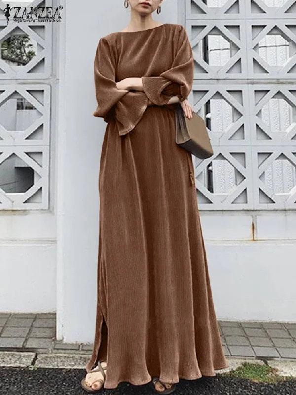 Women Solid Long Sleeve Robe Longue ZANZEA Spring Retro A Line Vestido French Elegant Swing Kaftan 2023 Party Maxi Dress Classic Strapless Maxi Dress