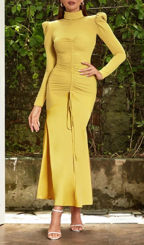 YELLOW LONG SLEEVE RUCHED SATIN MAXI DRESS Comfortable Cotton Maxi Dress