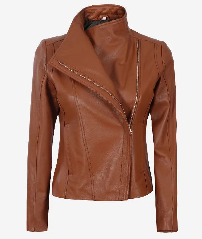 Asymmetrical Cognac Leather Biker Jacket Women