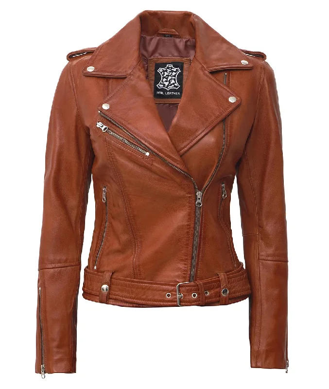 Asymmetrical Leather Biker Jacket Women  Brown Leather