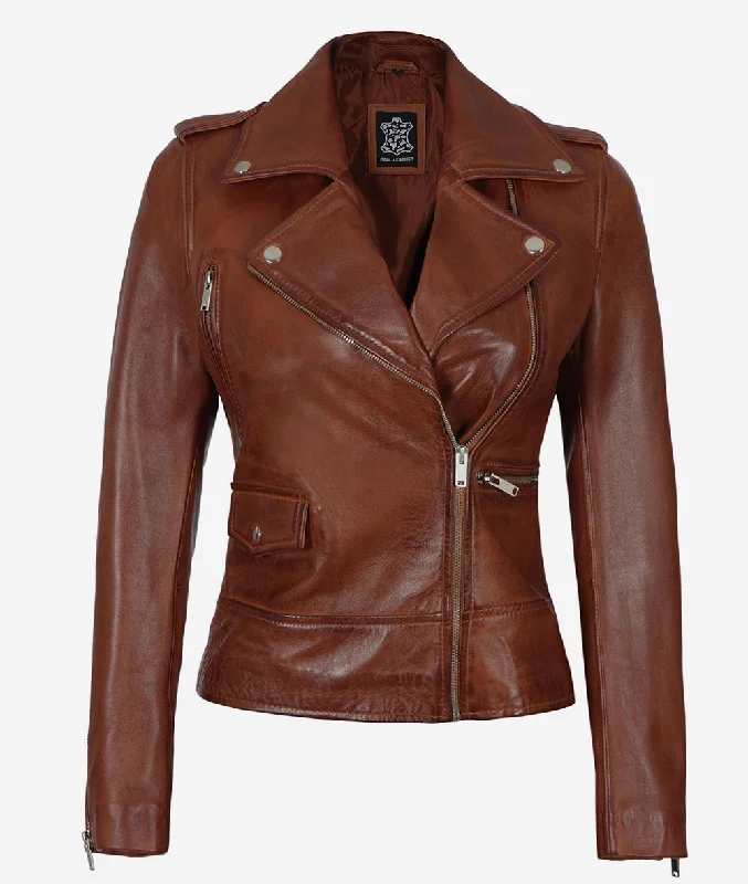 Asymmetrical Leather Moto Jacket  Cognac Biker Jacket