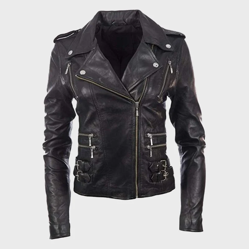 Aviatrix Women's Real Leather Cross-Zip Multi-Zip Biker Jacket