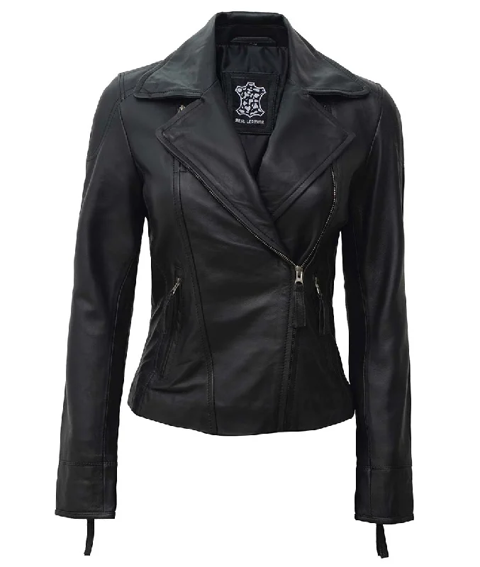 Black Asymmetrical Leather Biker Jacket Women