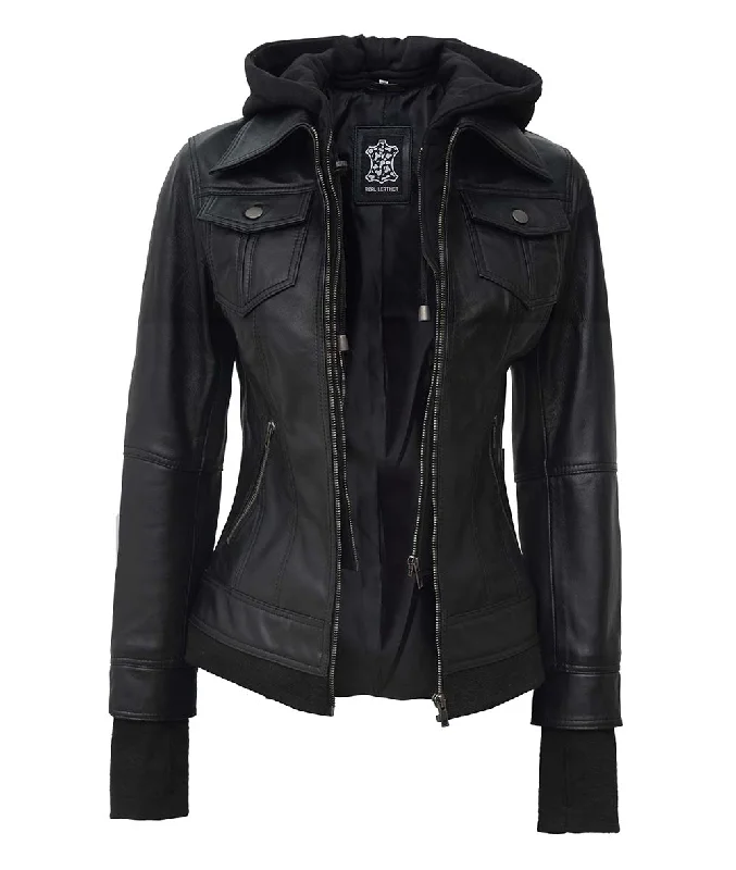 Black Bomber Jacket Womens  Hooded Leather Women